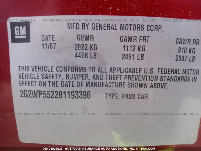 2G2WP552281193396 - 2008 PONTIAC GRAND PRIX RED photo 9