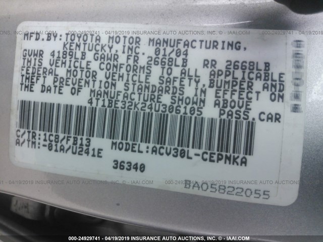 4T1BE32K24U306105 - 2004 TOYOTA CAMRY LE/XLE/SE SILVER photo 9