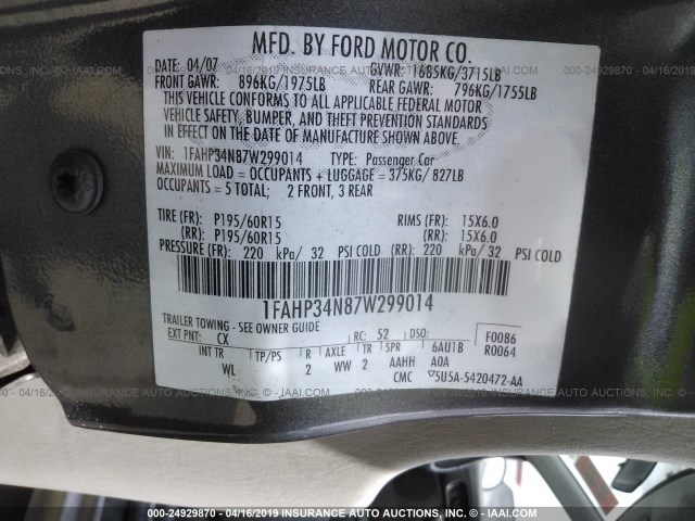 1FAHP34N87W299014 - 2007 FORD FOCUS ZX4/S/SE/SES ნაცრისფერი ფოტო 9