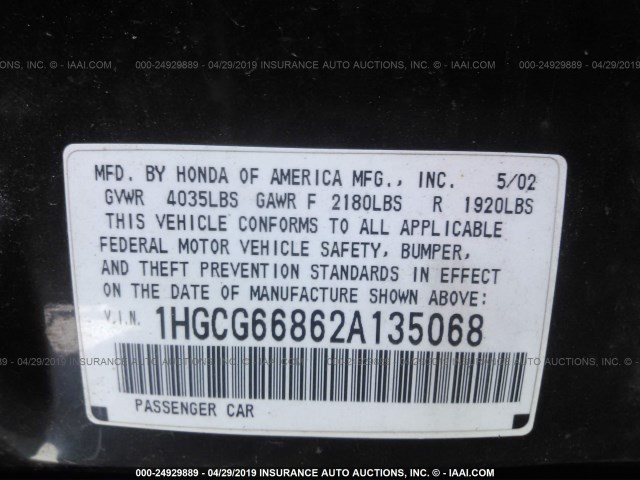 1HGCG66862A135068 - 2002 HONDA ACCORD EX/SE BLACK photo 9