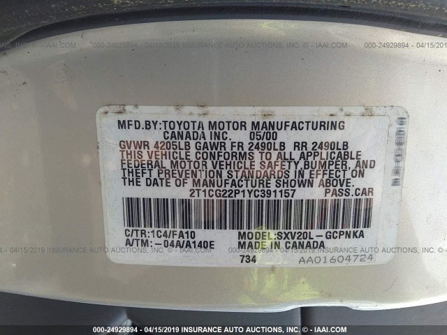 2T1CG22P1YC391157 - 2000 TOYOTA CAMRY SOLARA SE SILVER photo 9