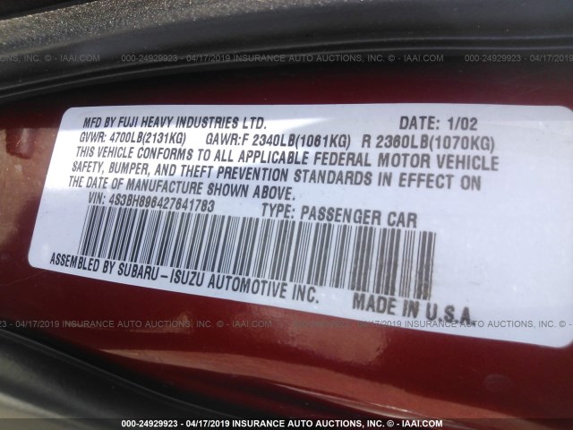 4S3BH896427641783 - 2002 SUBARU LEGACY OUTBACK H6 3.0 VDC RED photo 9