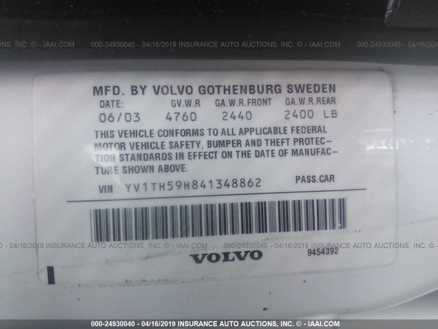 YV1TH59H841348862 - 2004 VOLVO S80 2.5T WHITE photo 9