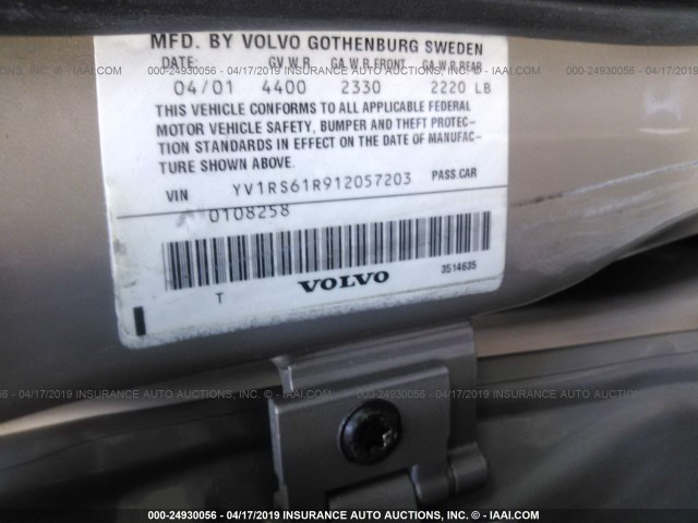 YV1RS61R912057203 - 2001 VOLVO S60 GRAY photo 9