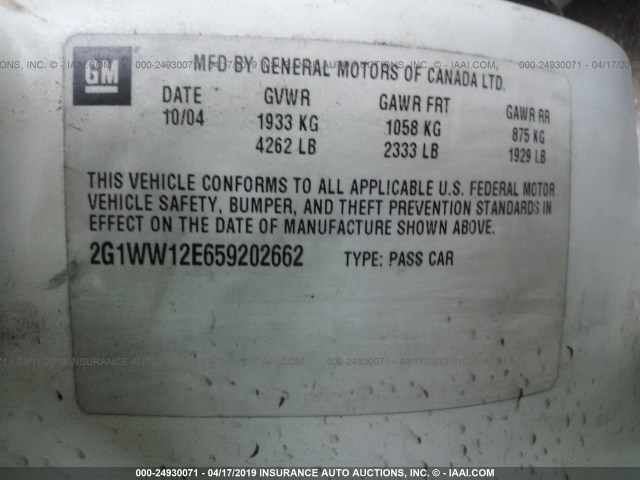 2G1WW12E659202662 - 2005 CHEVROLET MONTE CARLO LS თეთრი ფოტო 9