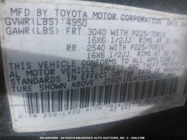 JT6GF10U4Y0047637 - 2000 LEXUS RX 300 BLACK photo 9