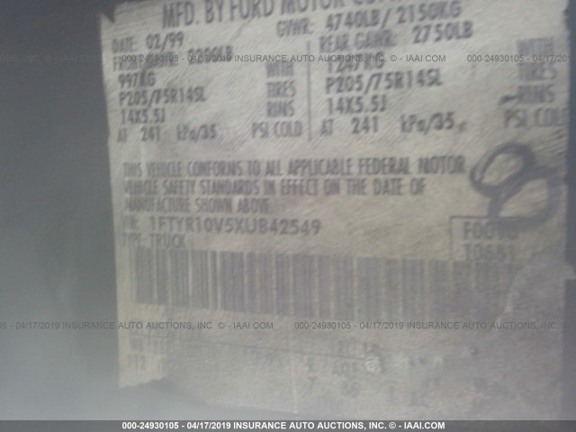 1FTYR10V5XUB42549 - 1999 FORD RANGER BLACK photo 9