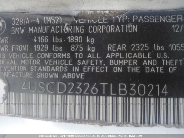 4USCD2326TLB30214 - 1996 BMW 328 I AUTOMATIC WHITE photo 9