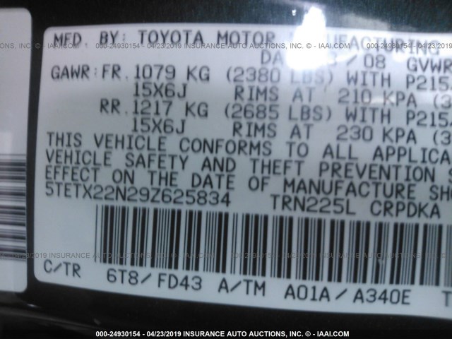 5TETX22N29Z625834 - 2009 TOYOTA TACOMA ACCESS CAB მწვანე ფოტო 9
