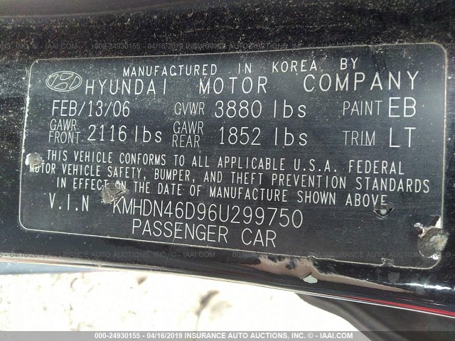 KMHDN46D96U299750 - 2006 HYUNDAI ELANTRA GLS/GT/LIMITED BLACK photo 9