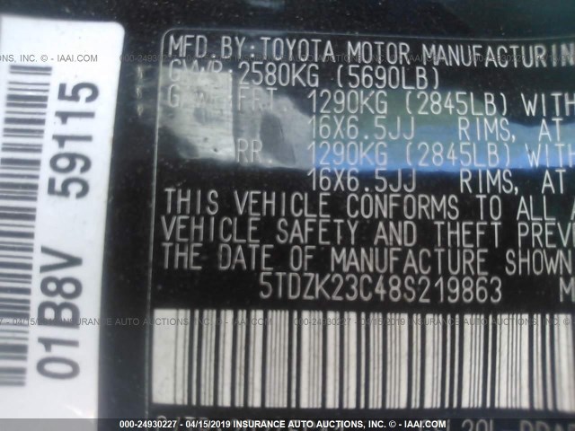 5TDZK23C48S219863 - 2008 TOYOTA SIENNA CE/LE BLACK photo 9