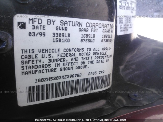 1G8ZH5283XZ296762 - 1999 SATURN SL1 RED photo 9