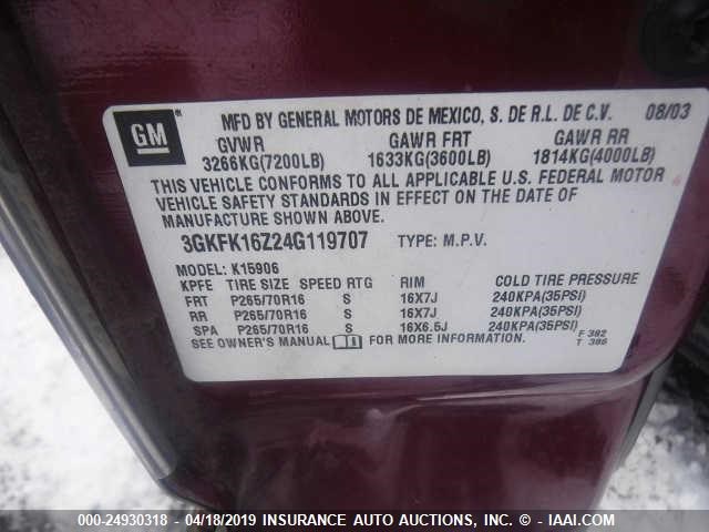 3GKFK16Z24G119707 - 2004 GMC YUKON XL K1500 MAROON photo 9