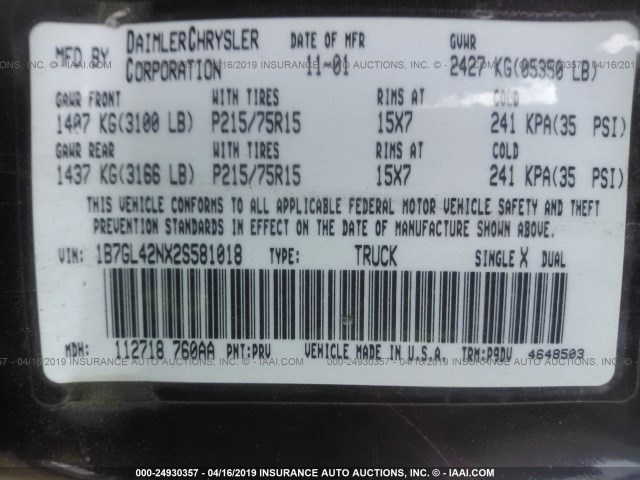 1B7GL42NX2S581018 - 2002 DODGE DAKOTA SLT RED photo 9