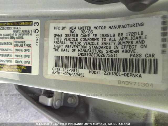 1NXBR32E36Z675511 - 2006 TOYOTA COROLLA CE/LE/S SILVER photo 9