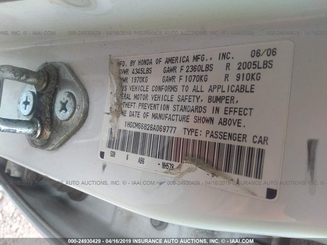 1HGCM66826A069777 - 2006 HONDA ACCORD EX WHITE photo 9