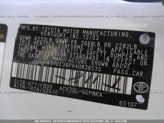 4T1CE38P44U836535 - 2004 TOYOTA CAMRY SOLARA SE/SLE თეთრი ფოტო 9