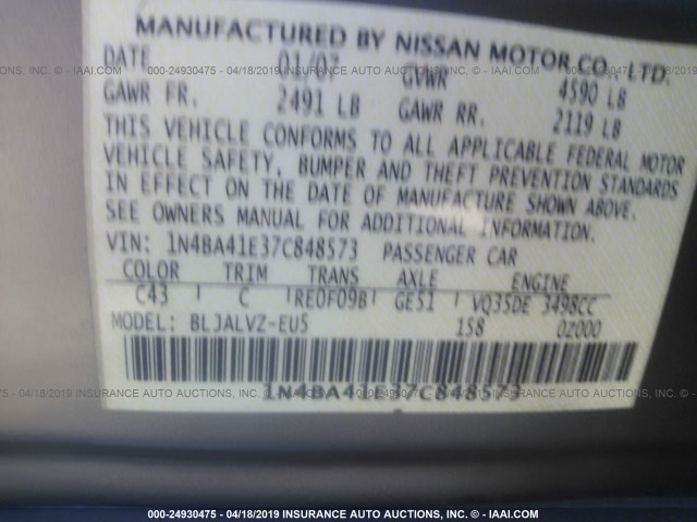 1N4BA41E37C848573 - 2007 NISSAN MAXIMA SE/SL GRAY photo 9