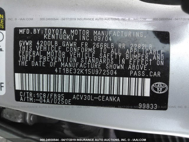 4T1BE32K15U972504 - 2005 TOYOTA CAMRY LE/XLE/SE SILVER photo 9