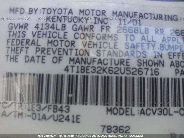 4T1BE32K62U526716 - 2002 TOYOTA CAMRY LE/XLE/SE GRAY photo 9