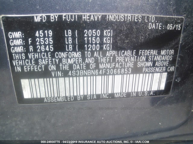 4S3BNBN64F3066853 - 2015 SUBARU LEGACY 2.5I LIMITED GRAY photo 9