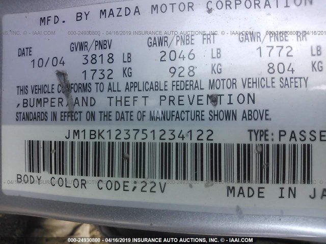 JM1BK123751234122 - 2005 MAZDA 3 S SILVER photo 9