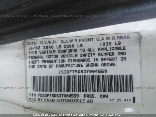 YS3DF75K637004559 - 2003 SAAB 9-3 SE WHITE photo 9