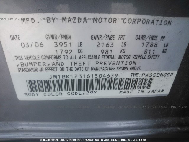 JM1BK123161504639 - 2006 MAZDA 3 S 灰色 照片 9