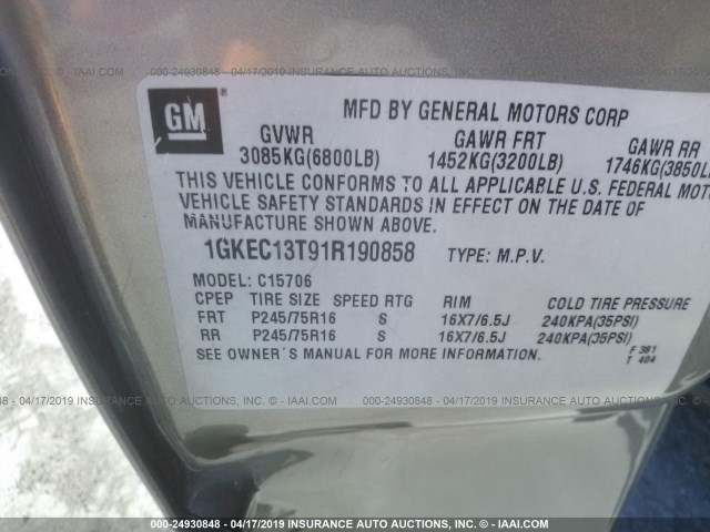 1GKEC13T91R190858 - 2001 GMC YUKON GRAY photo 9