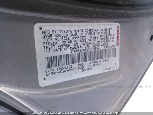 JT8BF22G5V5005684 - 1997 LEXUS ES 300 GRAY photo 9