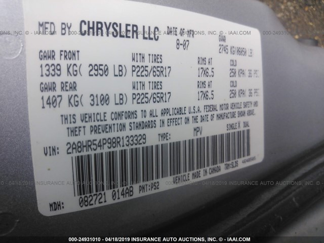 2A8HR54P98R133329 - 2008 CHRYSLER TOWN & COUNTRY TOURING SILVER photo 9