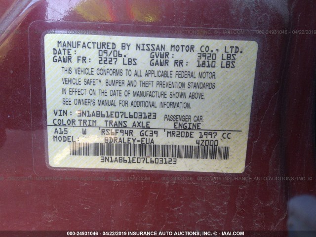 3N1AB61E07L603123 - 2007 NISSAN SENTRA 2.0/2.0S/2.0SL RED photo 9