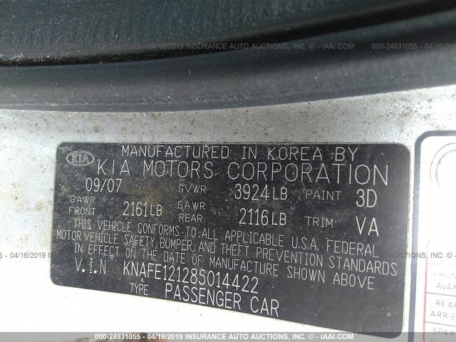 KNAFE121285014422 - 2008 KIA SPECTRA EX/LX/SX SILVER photo 9