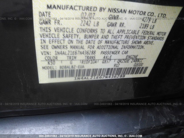 1N4AL21E67N436288 - 2007 NISSAN ALTIMA 2.5/2.5S BLACK photo 9