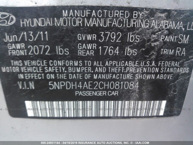 5NPDH4AE2CH081084 - 2012 HYUNDAI ELANTRA GLS/LIMITED SILVER photo 9