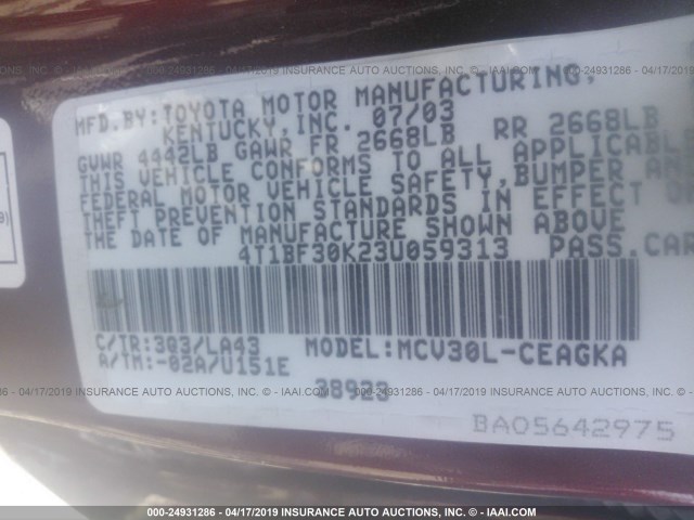 4T1BF30K23U059313 - 2003 TOYOTA CAMRY LE/XLE/SE MAROON photo 9