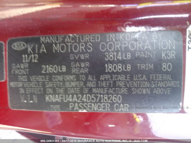 KNAFU4A24D5718260 - 2013 KIA FORTE EX RED photo 9