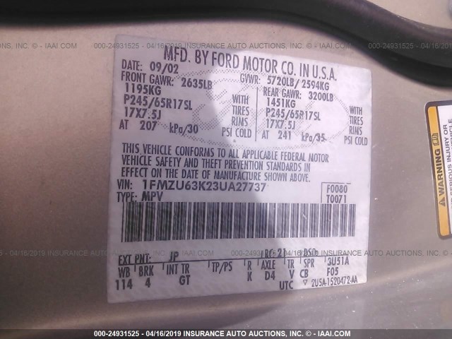 1FMZU63K23UA27737 - 2003 FORD EXPLORER XLT/XLT SPORT/NBX SILVER photo 9