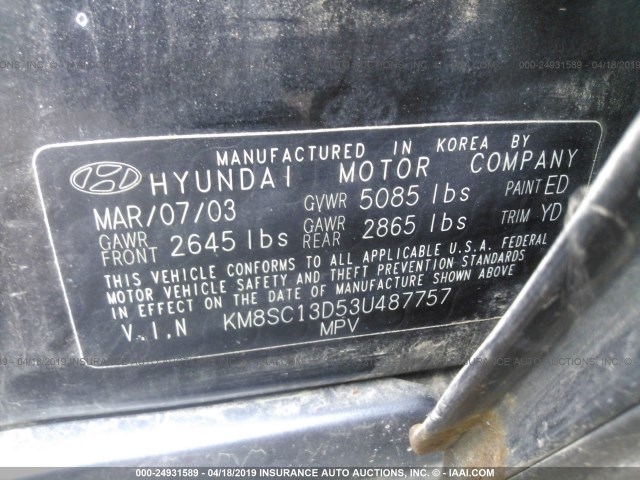 KM8SC13D53U487757 - 2003 HYUNDAI SANTA FE GLS/LX BLACK photo 9