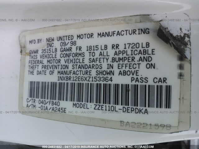 1NXBR12E6XZ153364 - 1999 TOYOTA COROLLA VE/CE/LE WHITE photo 9