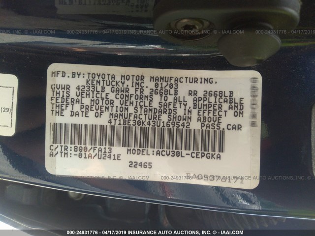 4T1BE30K43U169542 - 2003 TOYOTA CAMRY LE/XLE/SE BLUE photo 9