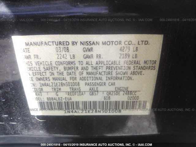 1N4AL21E28N501008 - 2008 NISSAN ALTIMA 2.5/2.5S BLACK photo 9