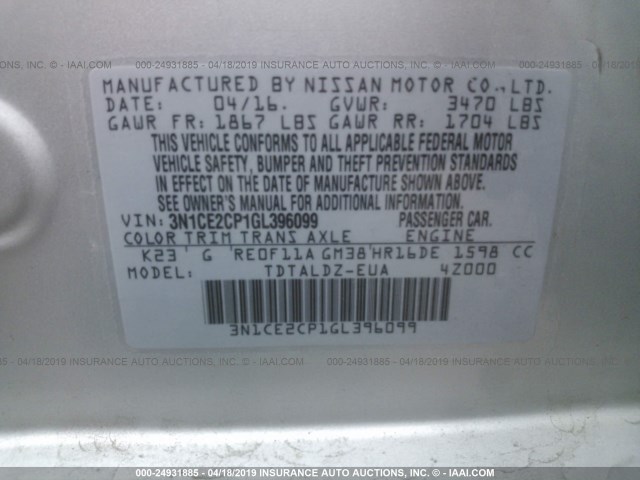 3N1CE2CP1GL396099 - 2016 NISSAN VERSA NOTE S/S PLUS/SV/SL/SR SILVER photo 9