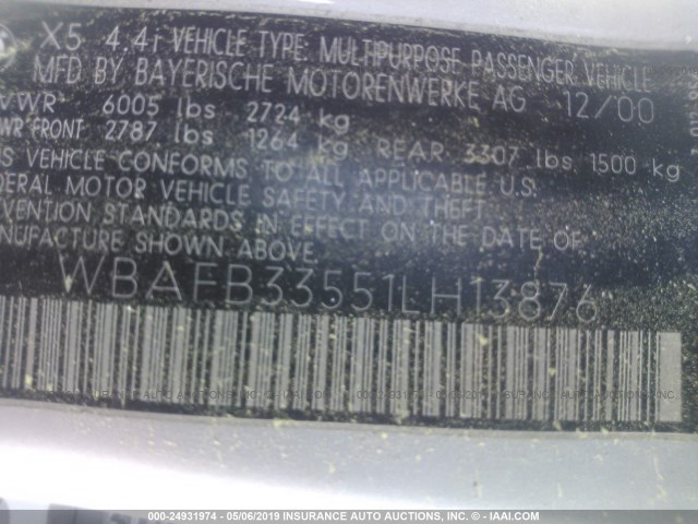 WBAFB33551LH13876 - 2001 BMW X5 4.4I SILVER photo 9