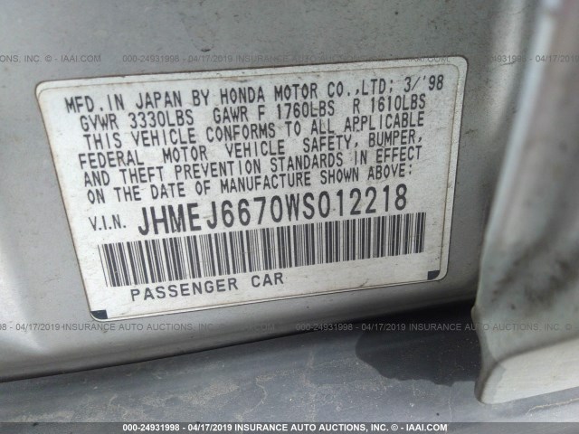 JHMEJ6670WS012218 - 1998 HONDA CIVIC LX SILVER photo 9