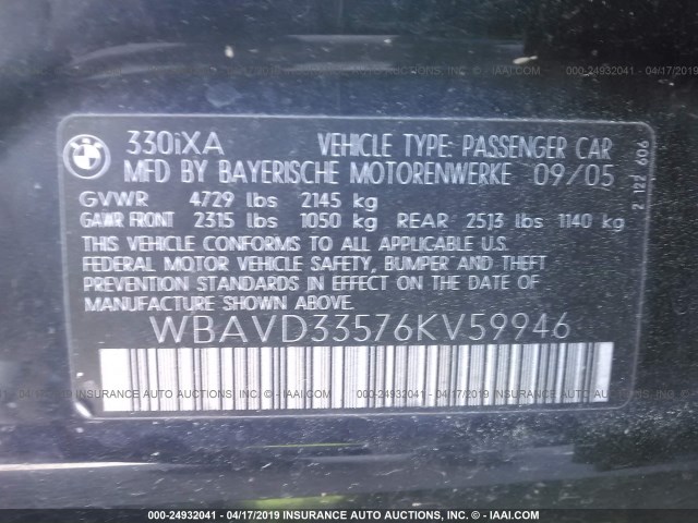 WBAVD33576KV59946 - 2006 BMW 330 XI Dark Blue photo 9