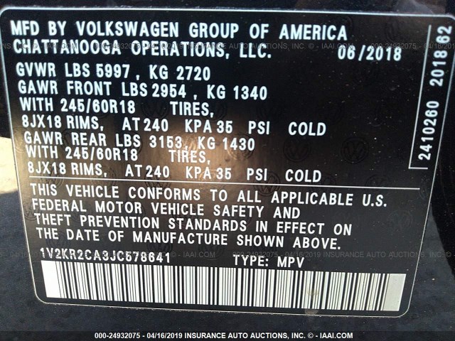 1V2KR2CA3JC578641 - 2018 VOLKSWAGEN ATLAS SE BLACK photo 9