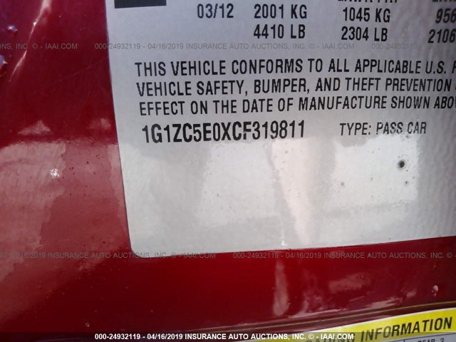 1G1ZC5E0XCF319811 - 2012 CHEVROLET MALIBU 1LT RED photo 9