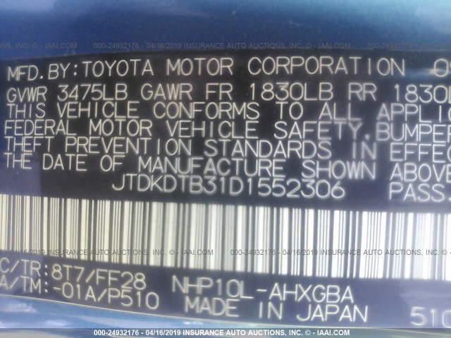 JTDKDTB31D1552306 - 2013 TOYOTA PRIUS C BLUE photo 9