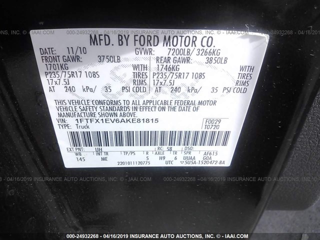 1FTFX1EV6AKE81815 - 2010 FORD F150 SUPER CAB BLACK photo 9